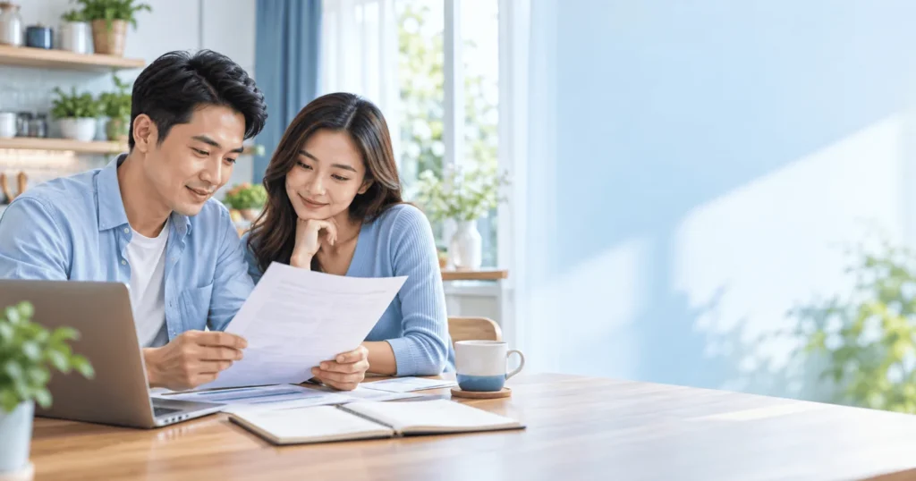 Hai người cùng đọc tài liệu tại bàn làm việc