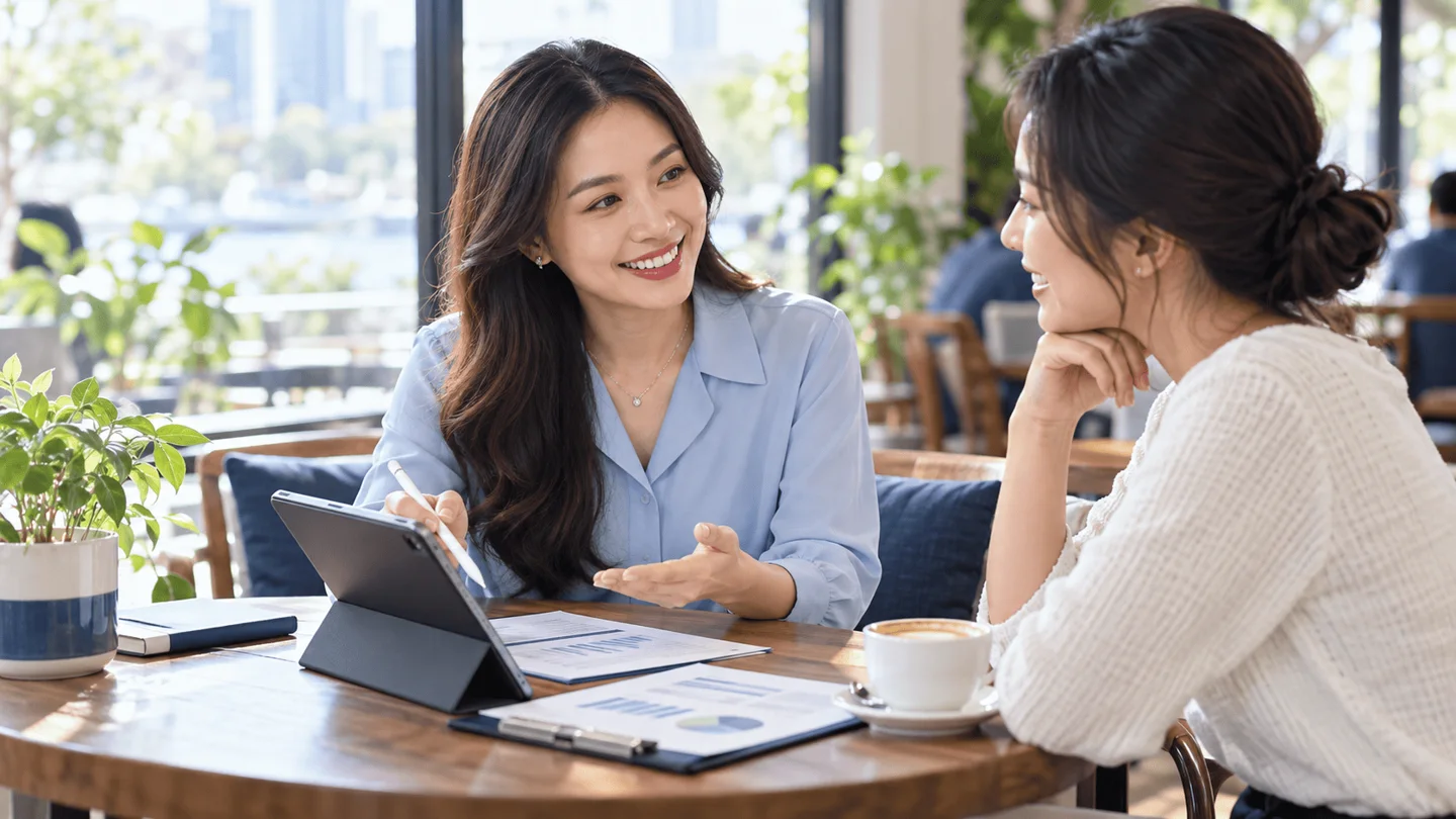 Hai người phụ nữ trao đổi bên máy tính bảng và tài liệu