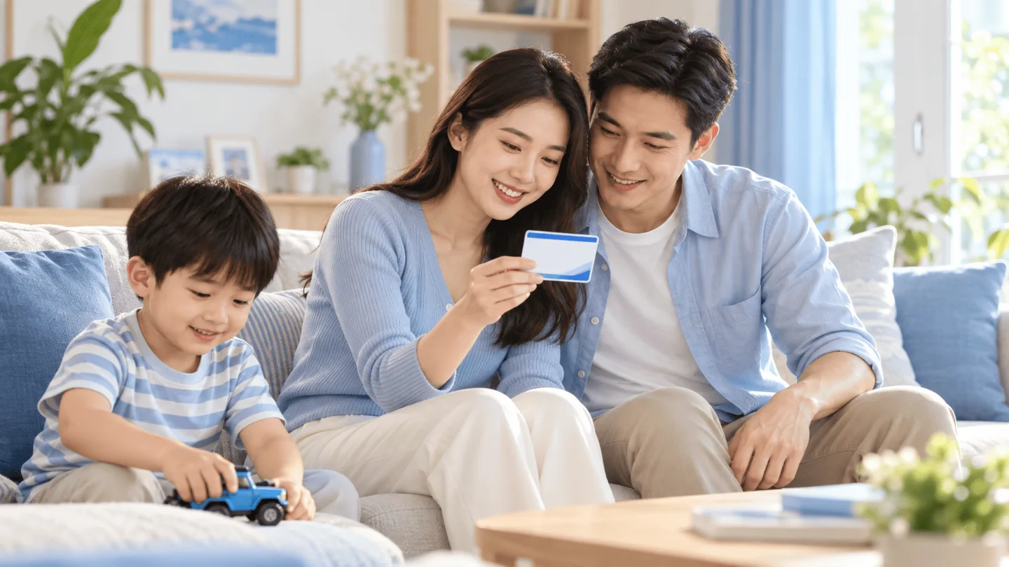 Gia đình cùng xem một tấm thẻ khi tìm hiểu bảo hiểm