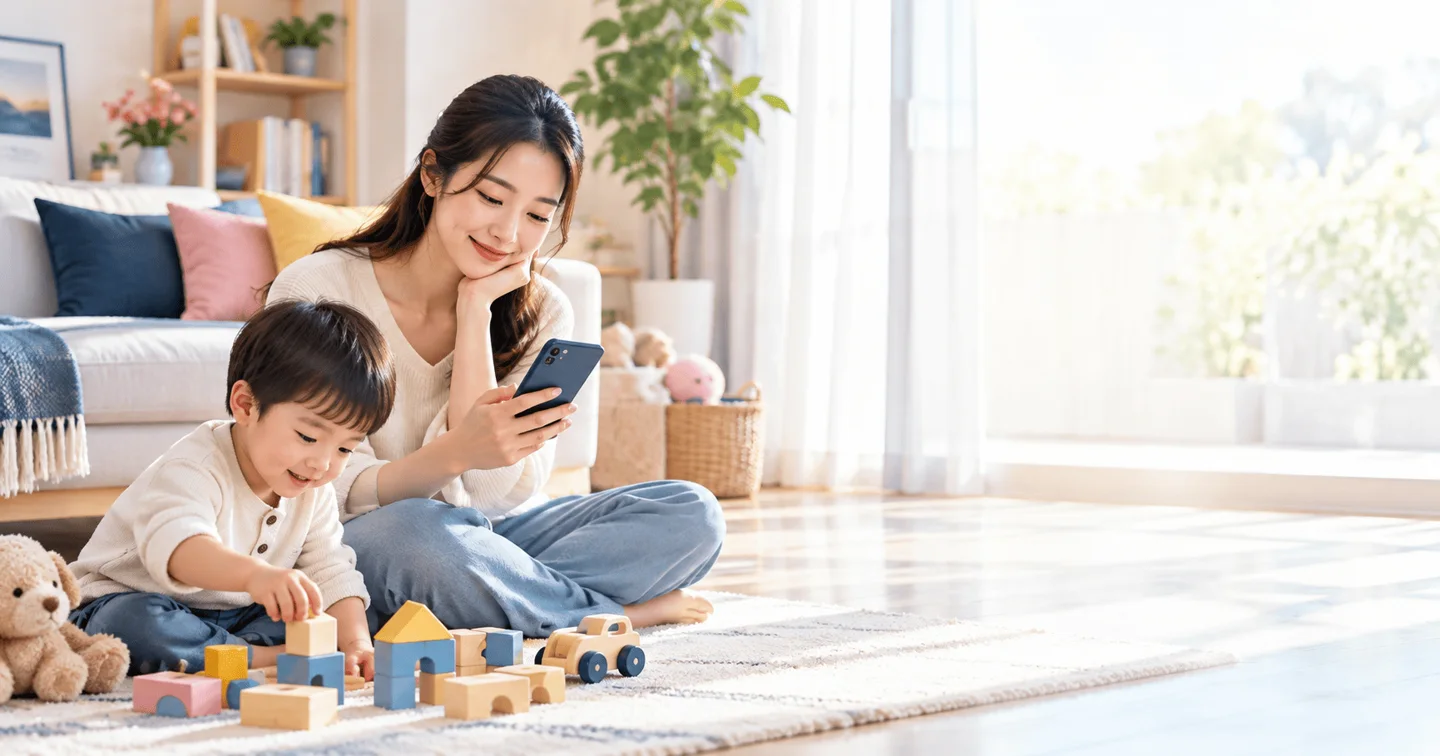 Người mẹ xem điện thoại bên con nhỏ