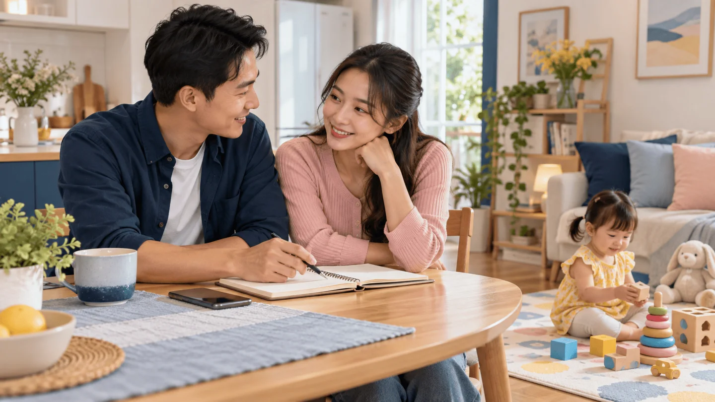 Cha mẹ trẻ cùng ngồi bàn bạc về kế hoạch bảo vệ sức khỏe cho gia đình, có con nhỏ chơi gần đó