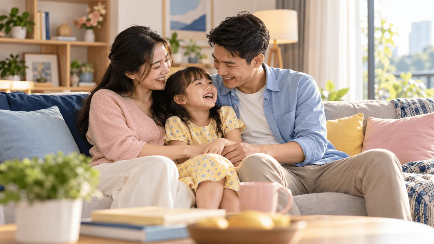 Gia đình quây quần trên ghế sofa