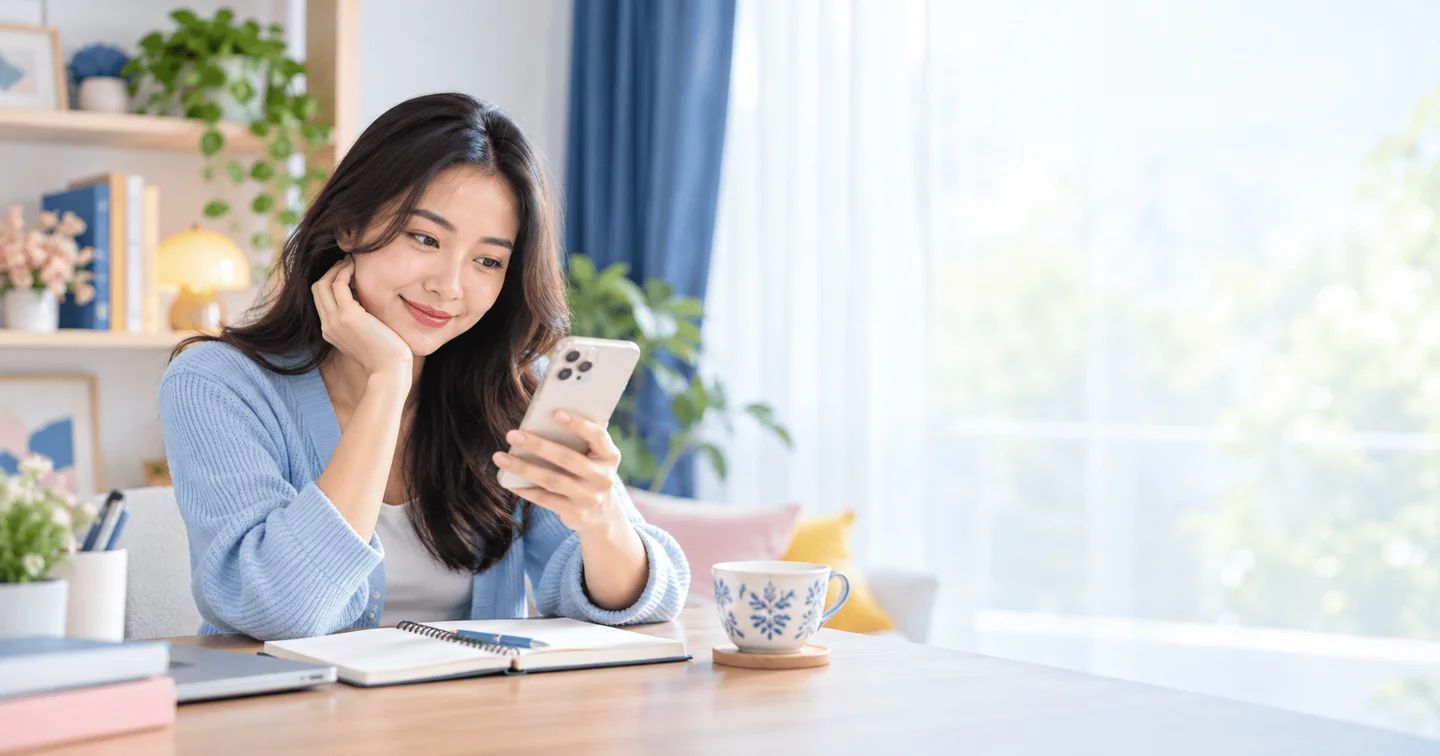 Người phụ nữ xem điện thoại tại nhà