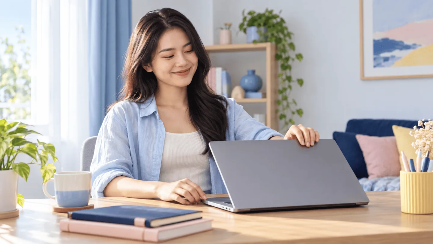 Người phụ nữ mỉm cười khi sử dụng máy tính bảng