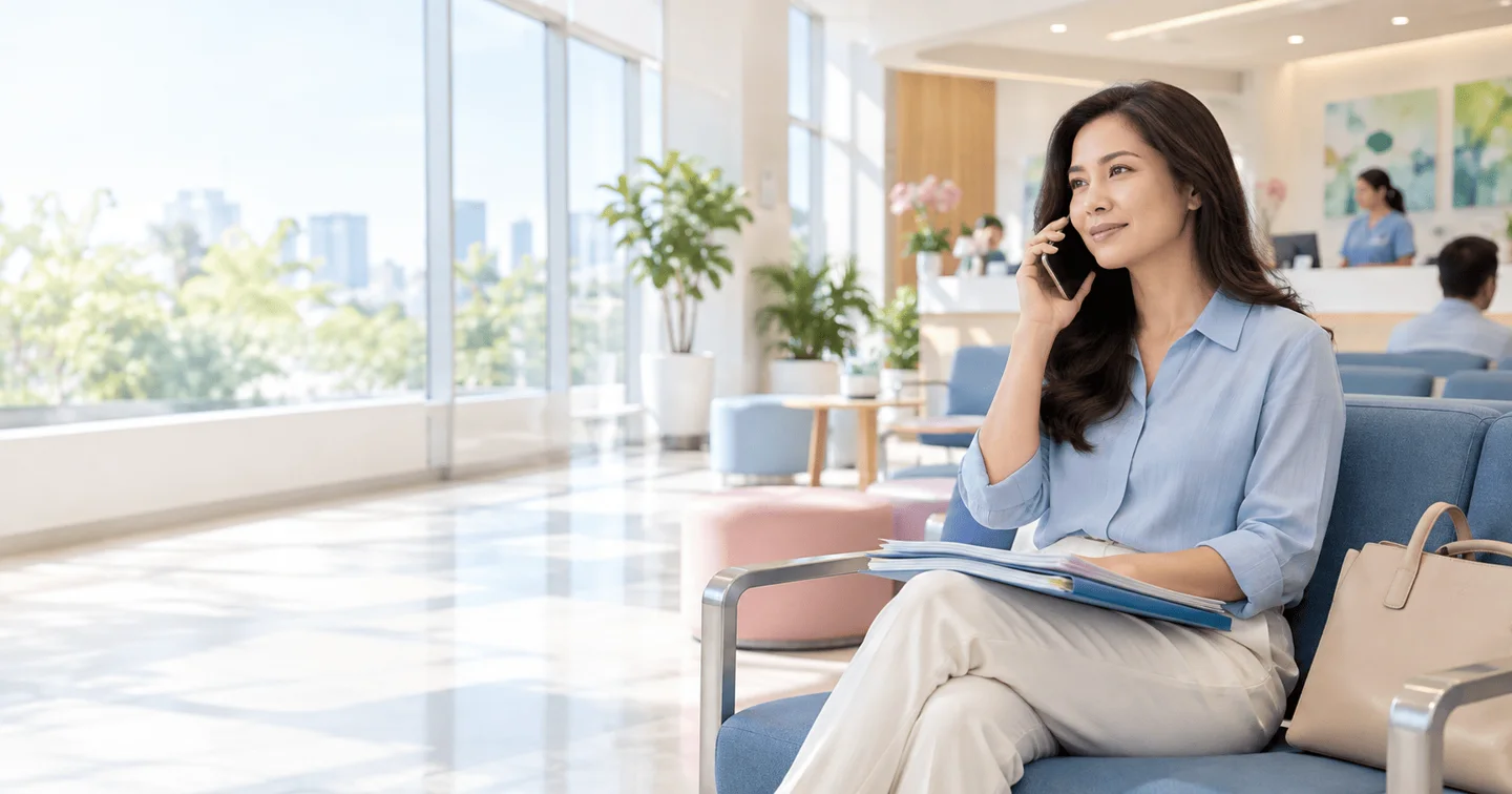 Người phụ nữ gọi điện tại khu vực chờ bệnh viện