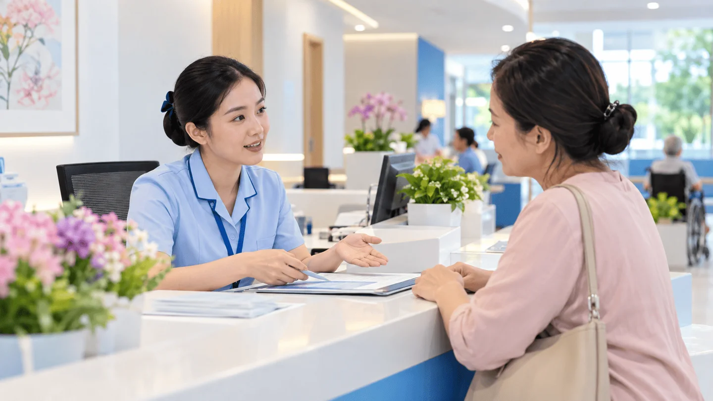 Nhân viên bệnh viện và người nhà trao đổi nhẹ nhàng tại quầy tiếp đón trong lúc chờ xác nhận bảo lãnh