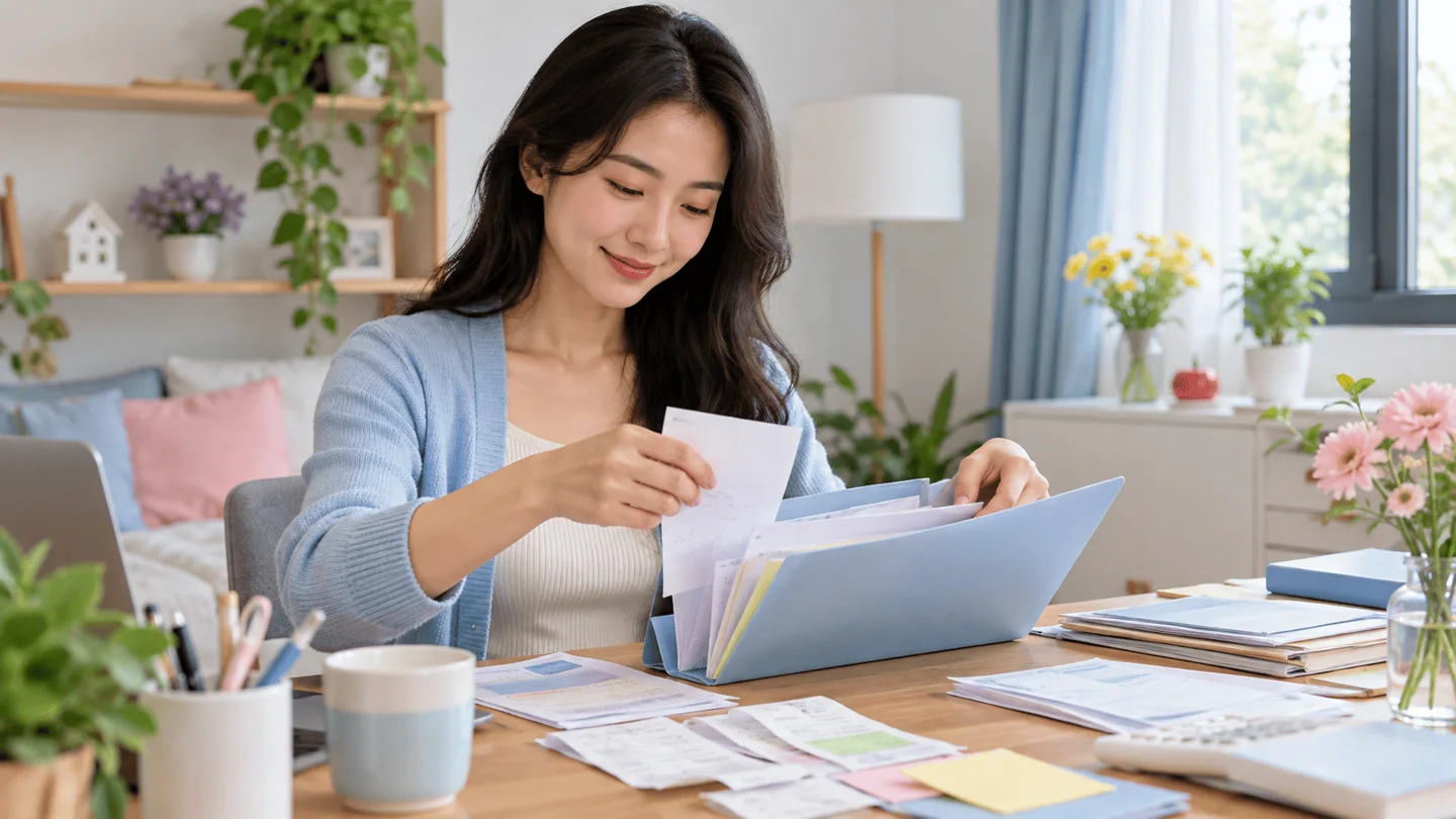 Người phụ nữ bình tĩnh sắp xếp lại hóa đơn và giấy tờ sau khi rời bệnh viện