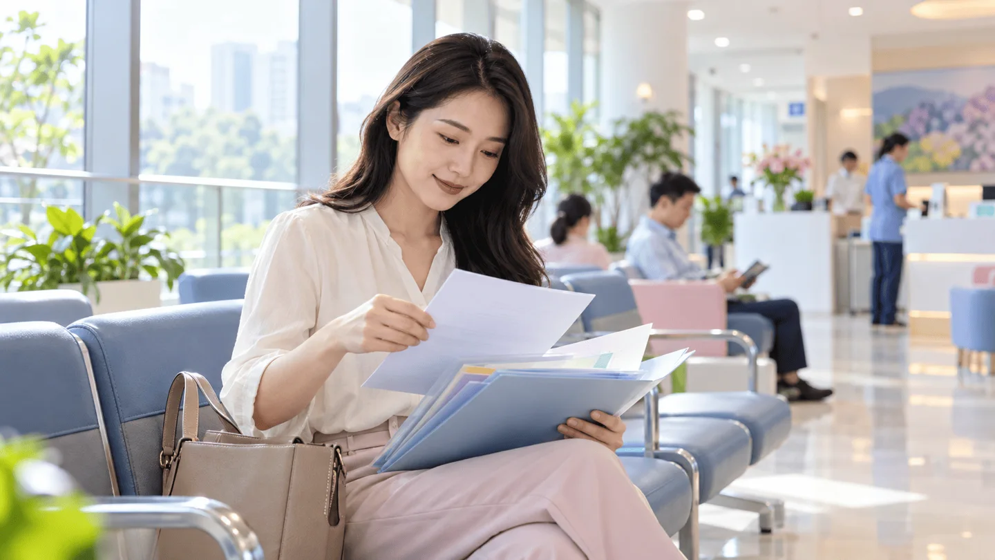 Người phụ nữ sắp xếp giấy tờ tại khu vực chờ