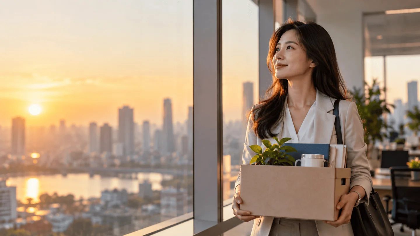Người phụ nữ cầm hộp đồ tại văn phòng
