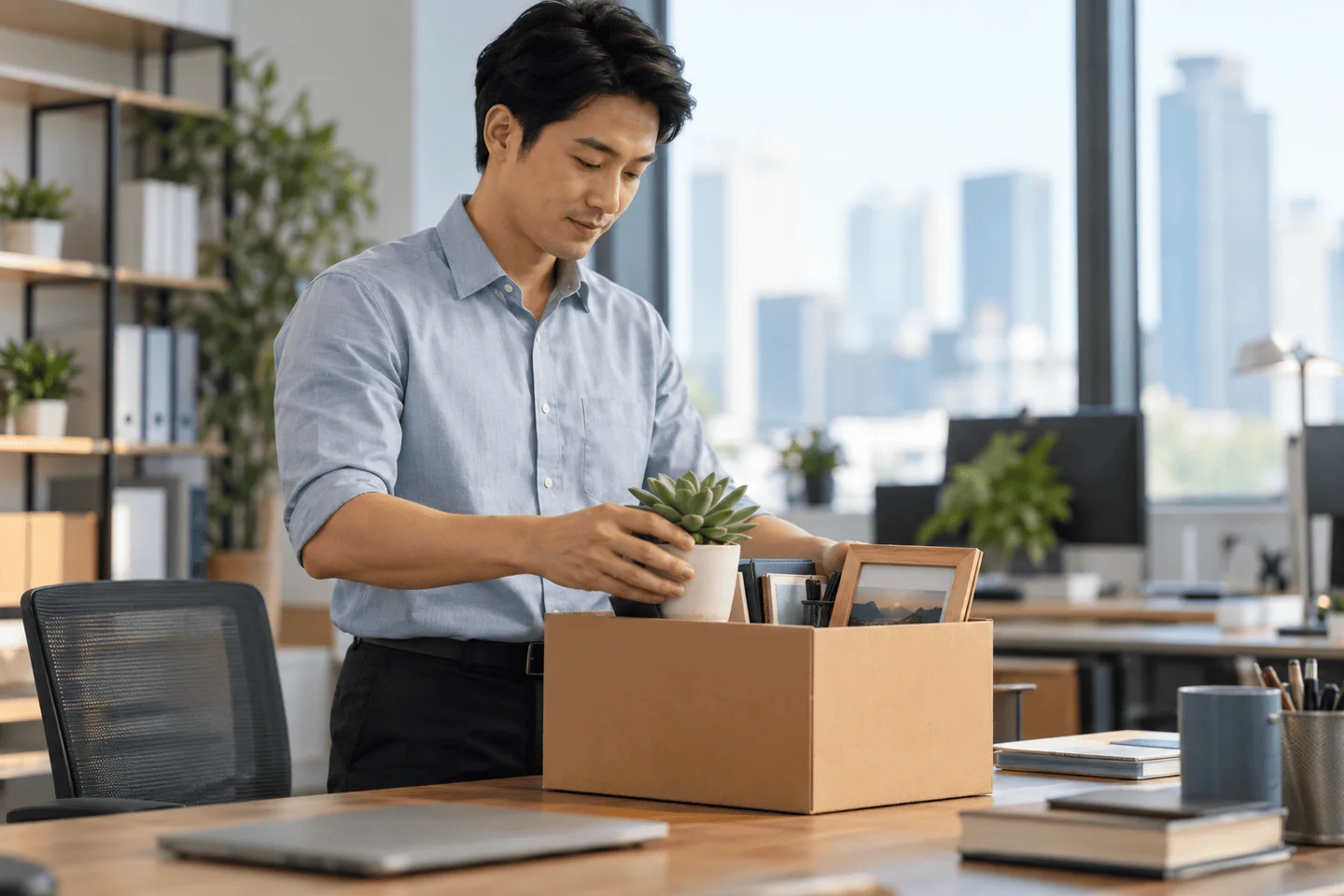 Người đi làm thu dọn đồ đạc cá nhân trên bàn làm việc trước khi chuyển sang công ty mới