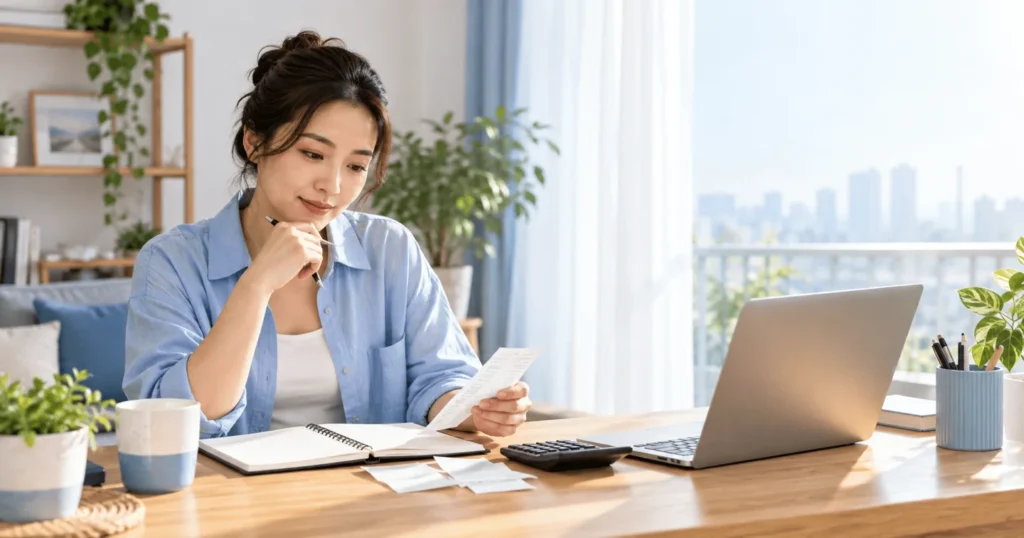 Người phụ nữ kiểm tra hóa đơn và máy tính