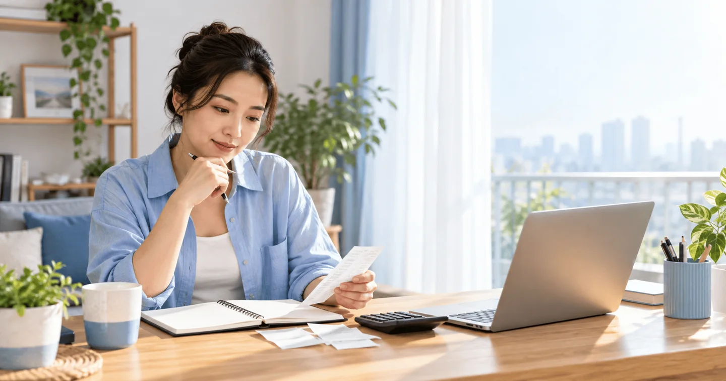 Người phụ nữ kiểm tra hóa đơn và máy tính