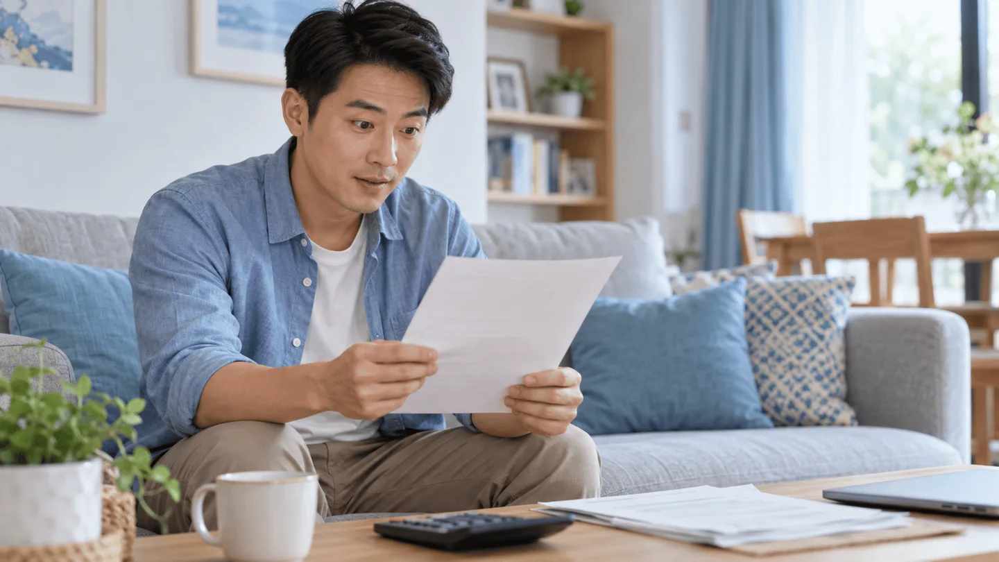 Người đàn ông trẻ nhìn hóa đơn viện phí với vẻ mặt bất ngờ nhẹ, không hoảng loạn