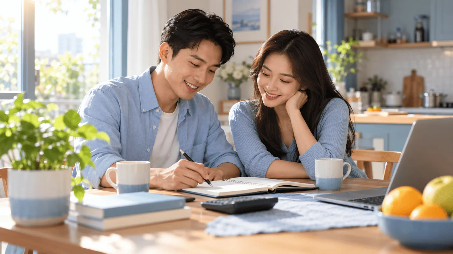 Gia đình trẻ ngồi cùng nhau lên kế hoạch tài chính tại nhà, không khí tích cực