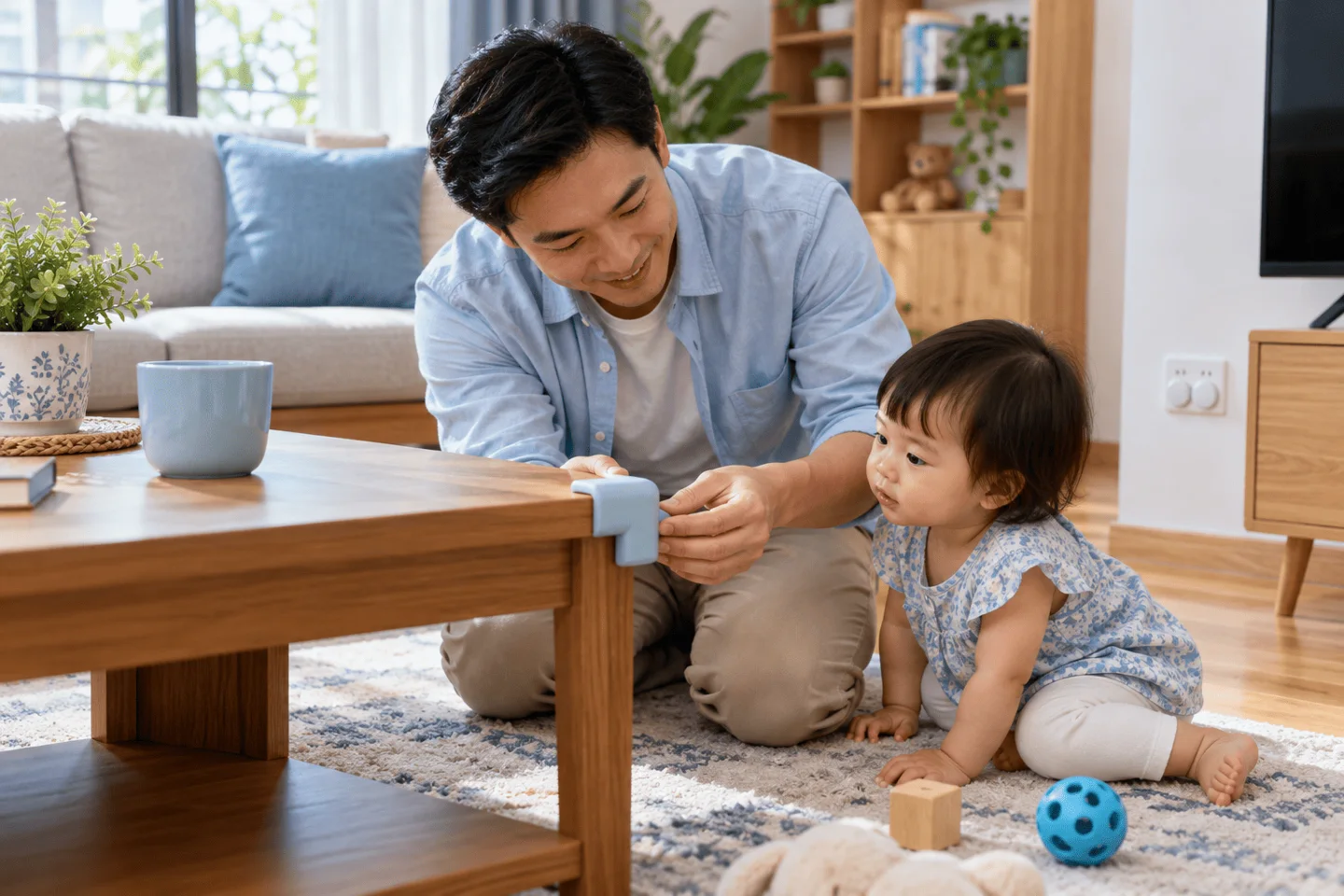 Người bố quỳ xuống tầm mắt của con để bọc góc bàn an toàn trong phòng khách