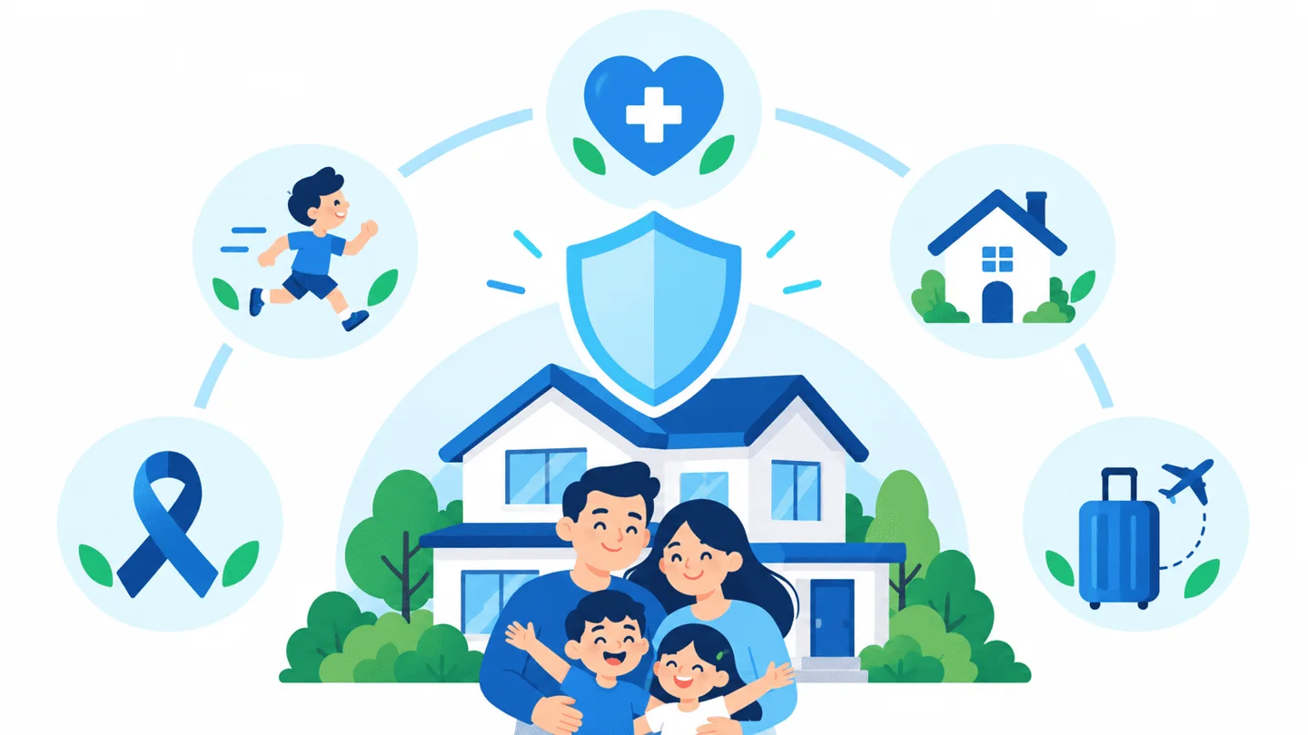 Sơ đồ các lớp bảo vệ gia đình có con nhỏ có thể tìm hiểu: sức khỏe, tai nạn, nhà ở, bệnh hiểm nghèo và du lịch
