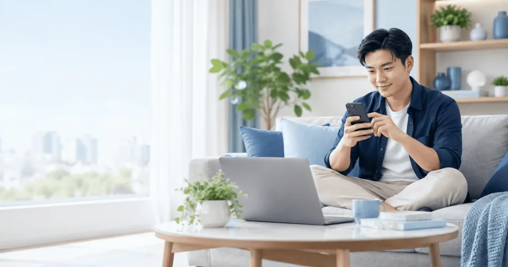 Người đàn ông xem điện thoại và máy tính khi tìm hiểu bảo hiểm online