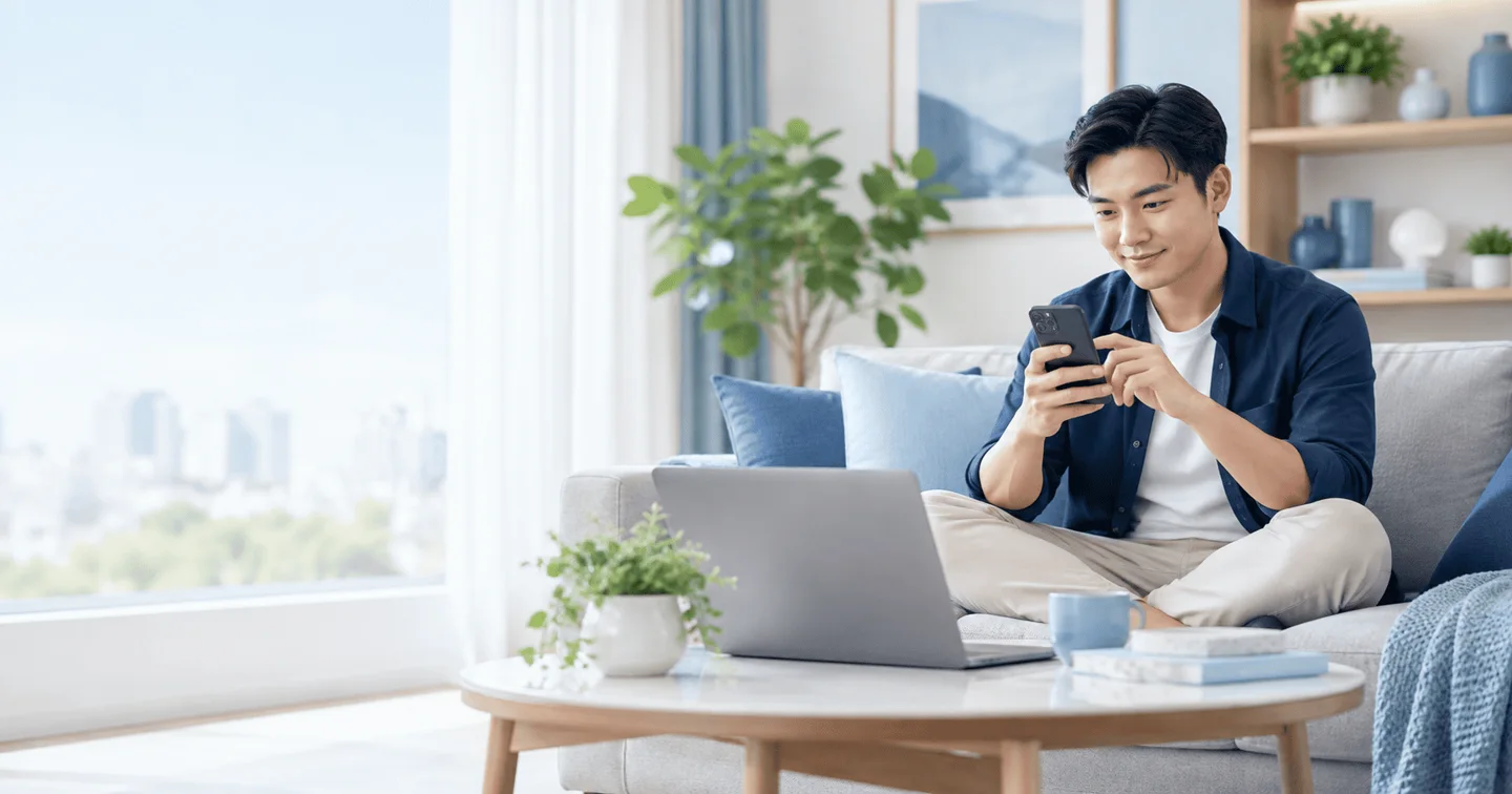 Người đàn ông xem điện thoại và máy tính khi tìm hiểu bảo hiểm online