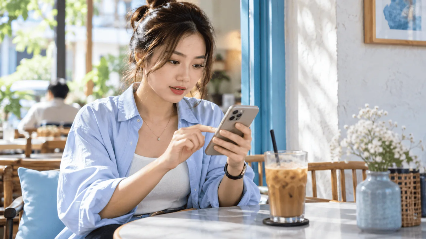 Người phụ nữ xem điện thoại khi ngồi tại quán cà phê