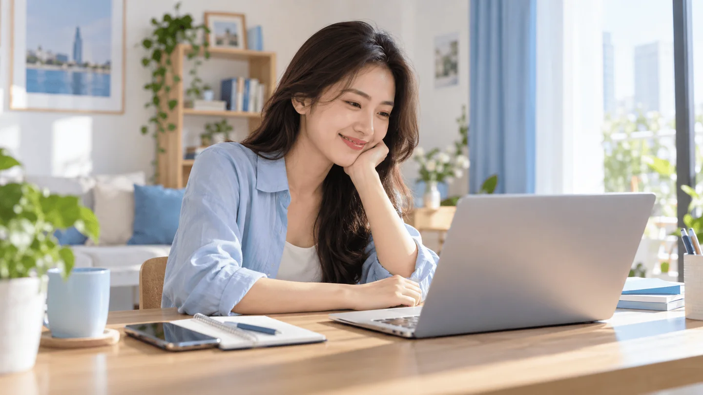Người phụ nữ mỉm cười bên máy tính và tài liệu