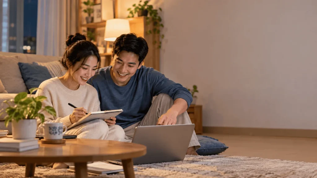 Hai vợ chồng cùng xem sổ ghi chép ở nhà