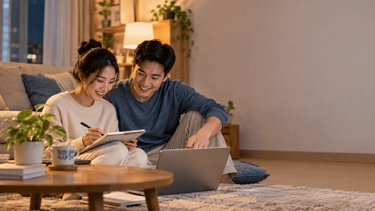 Hai vợ chồng cùng xem sổ ghi chép ở nhà