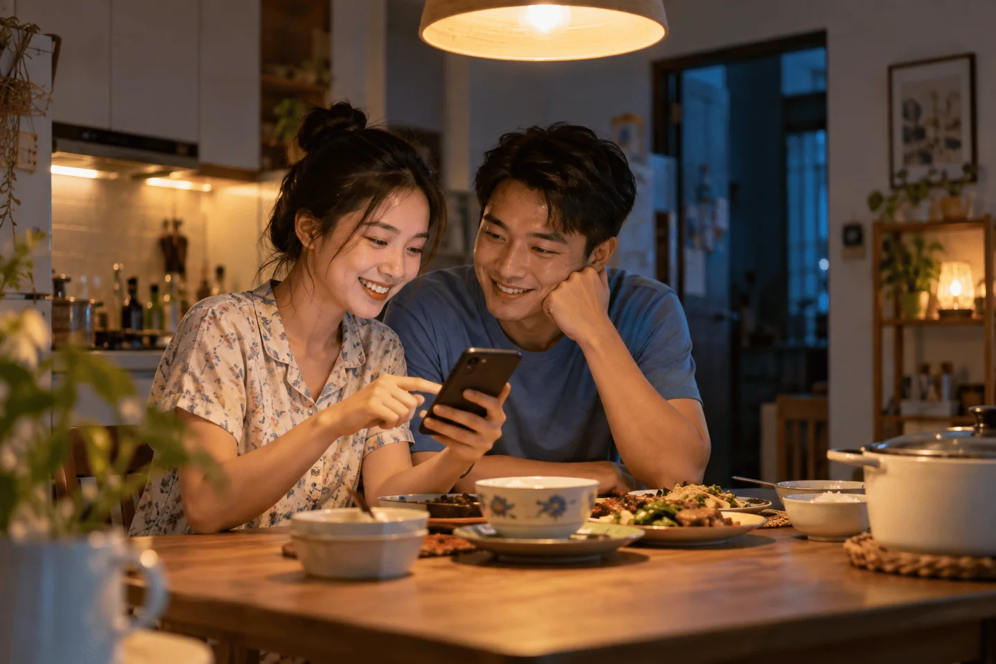 Vợ chồng trẻ cùng trao đổi về chi tiêu gia đình bên bàn ăn buổi tối