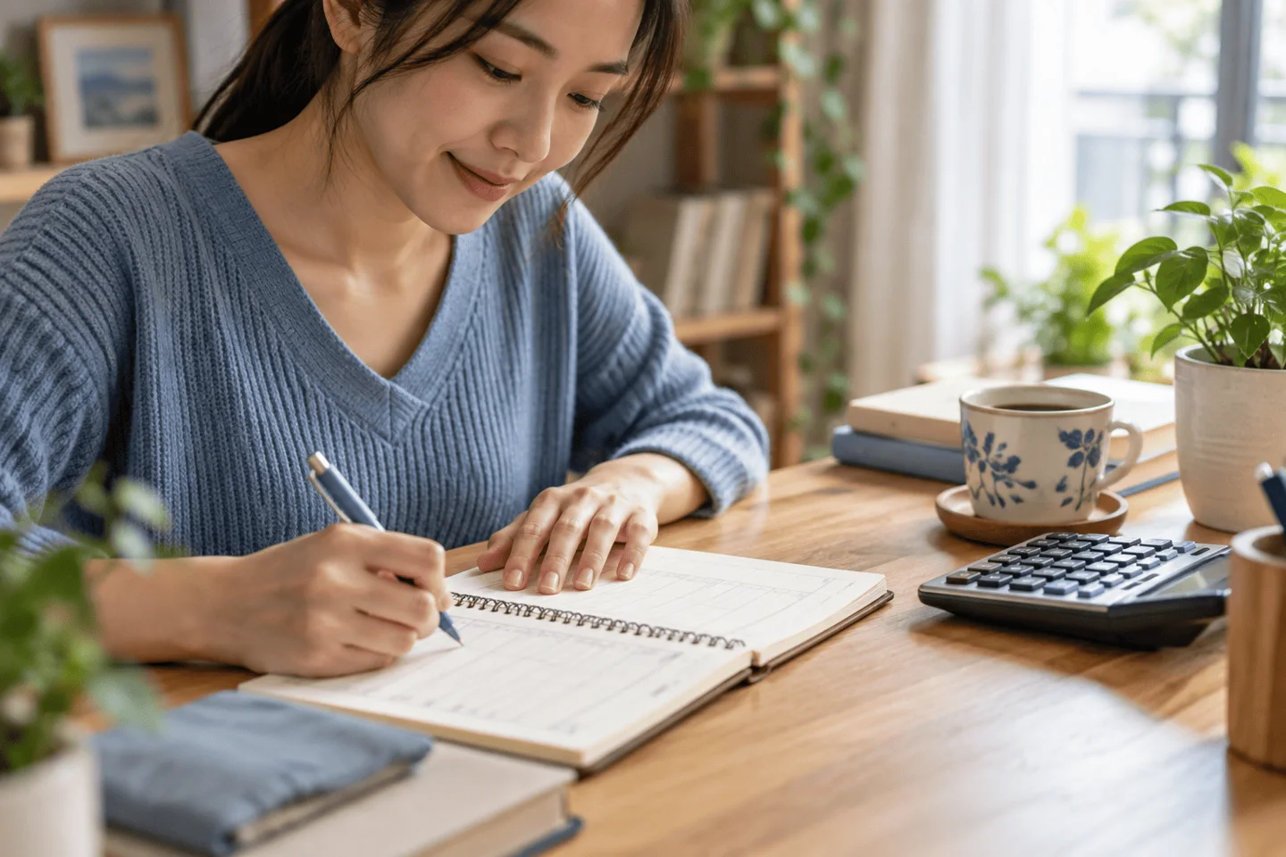Ghi chép chi tiêu hằng tháng vào sổ tay đơn giản trên bàn làm việc tại nhà