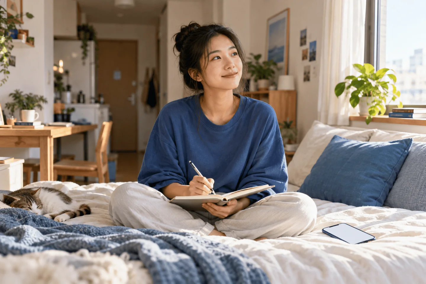 Người phụ nữ ghi chép trong sổ tại nhà