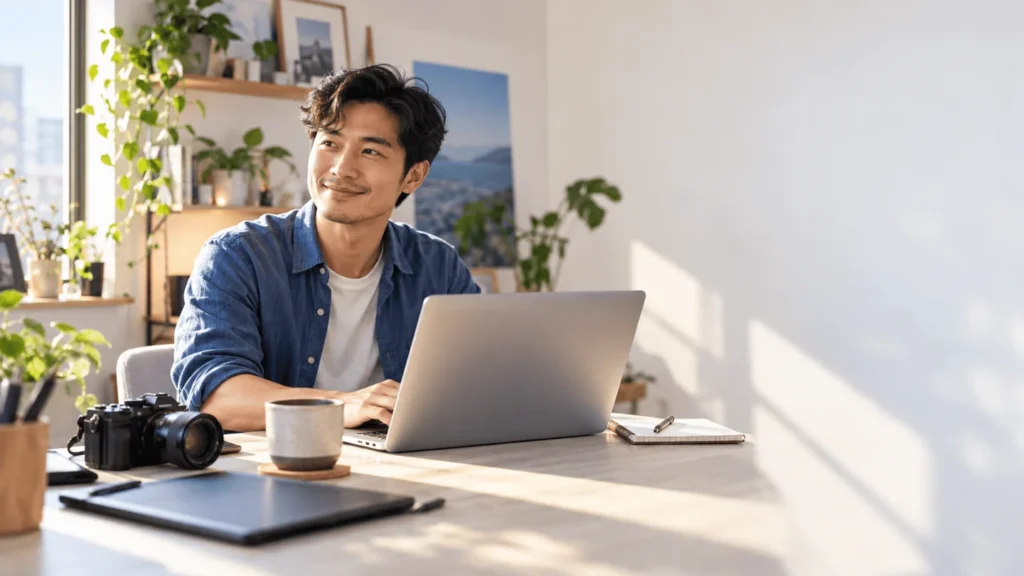 Người làm tự do bên máy tính và máy ảnh