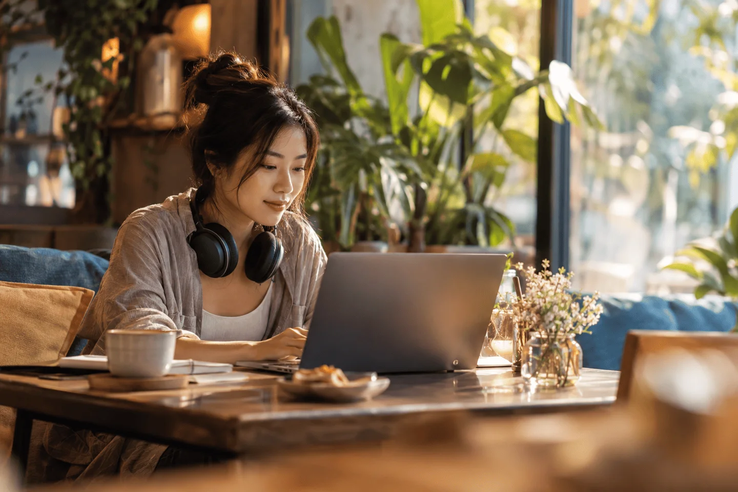 Người làm việc tự do tập trung làm việc tại một quán cà phê quen thuộc