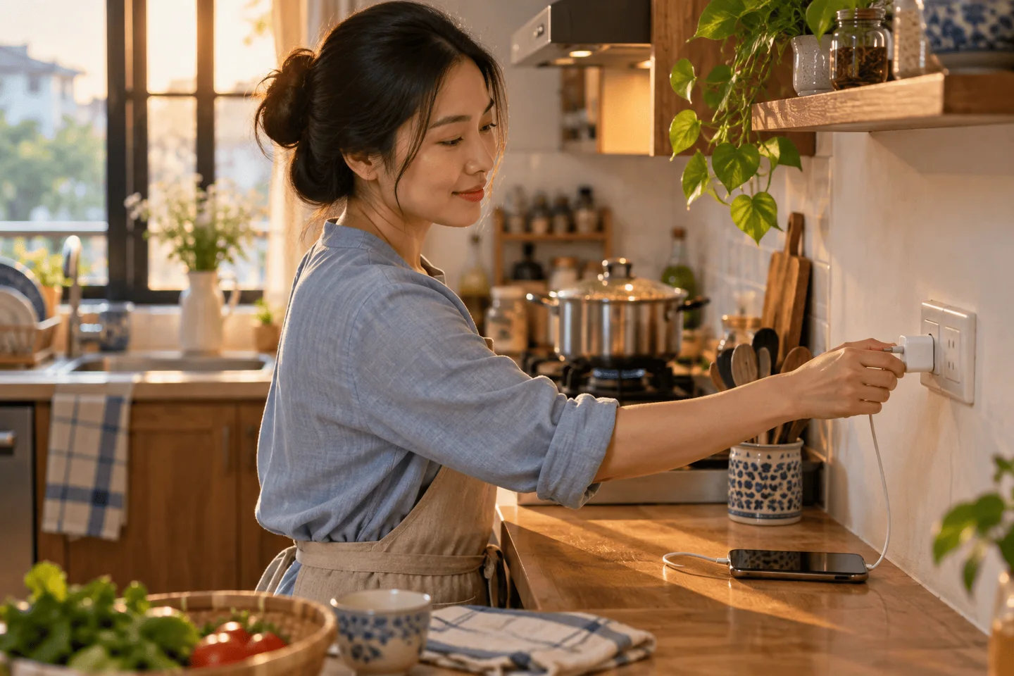 Người phụ nữ nhẹ nhàng kiểm tra ổ cắm điện trong căn bếp nhỏ buổi chiều