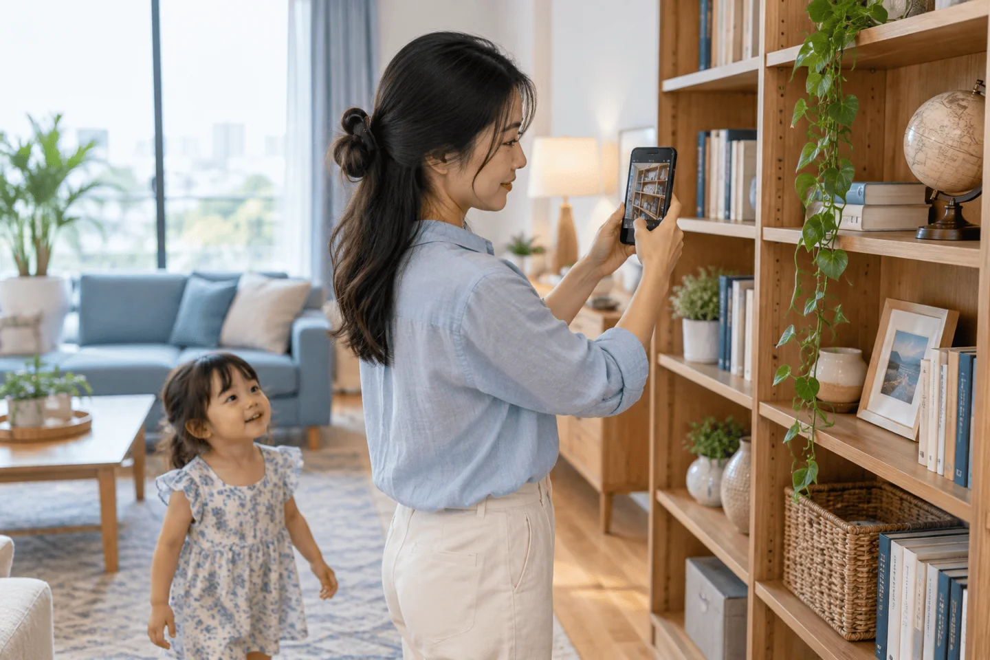 Mẹ và con cùng chụp ảnh lại từng góc nhà để lưu danh mục tài sản gia đình