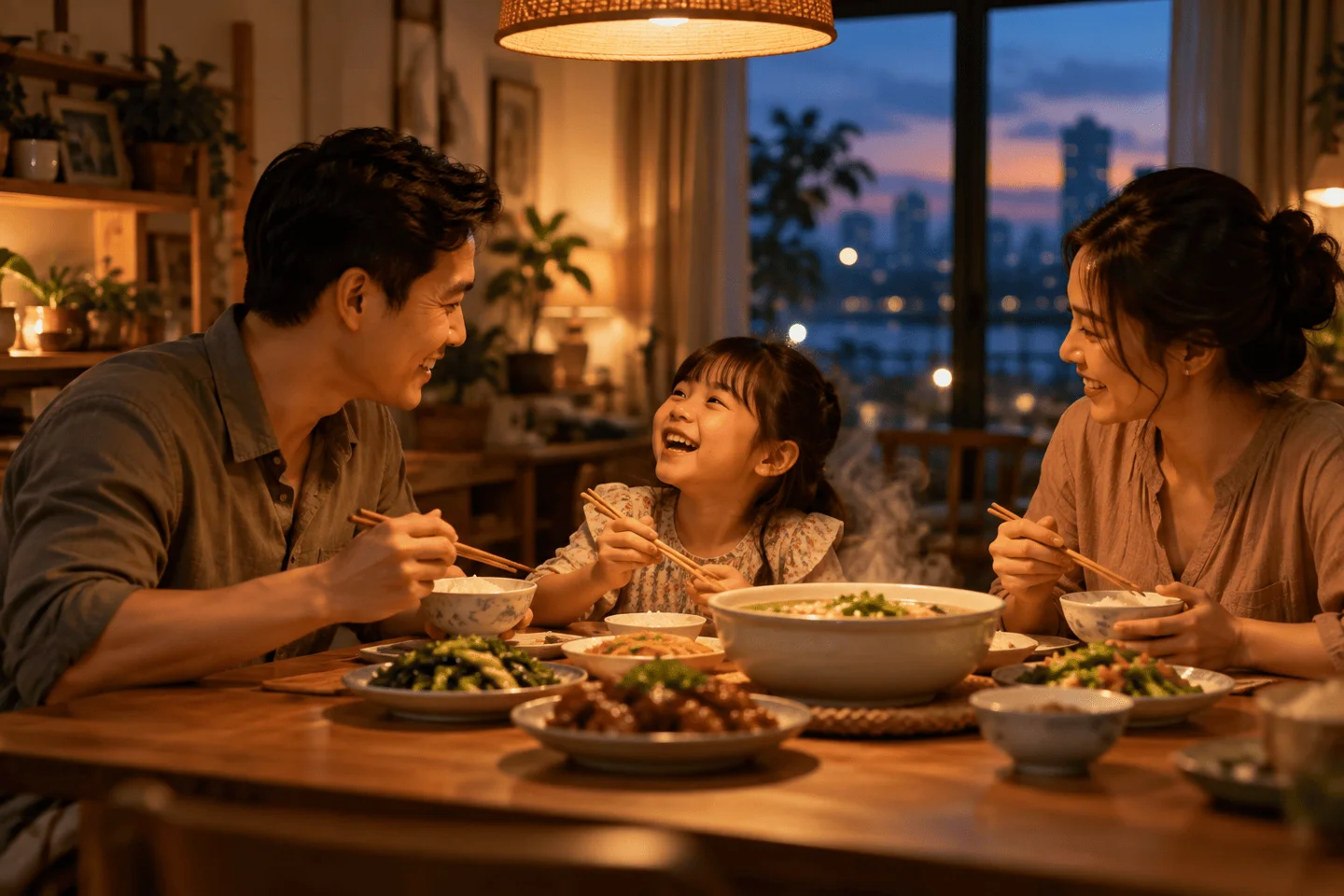 Gia đình quây quần bên bữa tối dưới ánh đèn ấm, hình ảnh của một tổ ấm bình yên