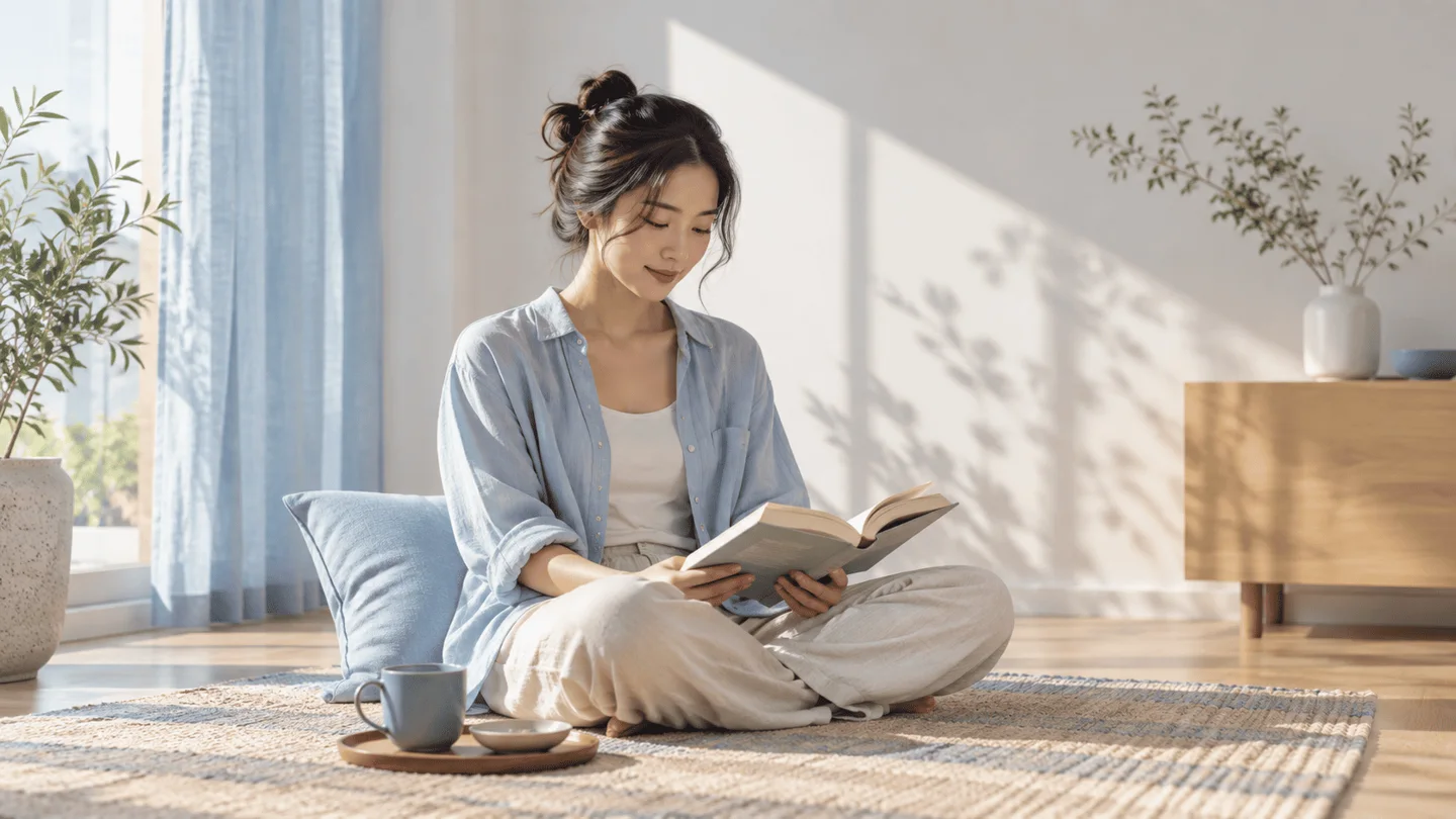 Người phụ nữ trẻ ngồi thiền hoặc đọc sách trong không gian sống tối giản, yên tĩnh