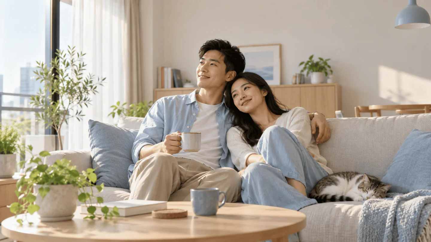 Hai người ngồi thư giãn trong phòng khách gọn gàng