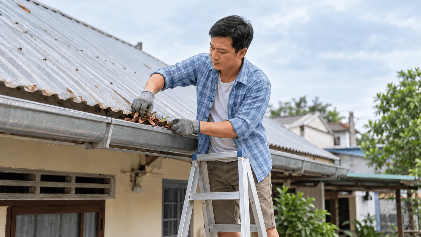 Người đàn ông kiểm tra máng nước bên mái nhà