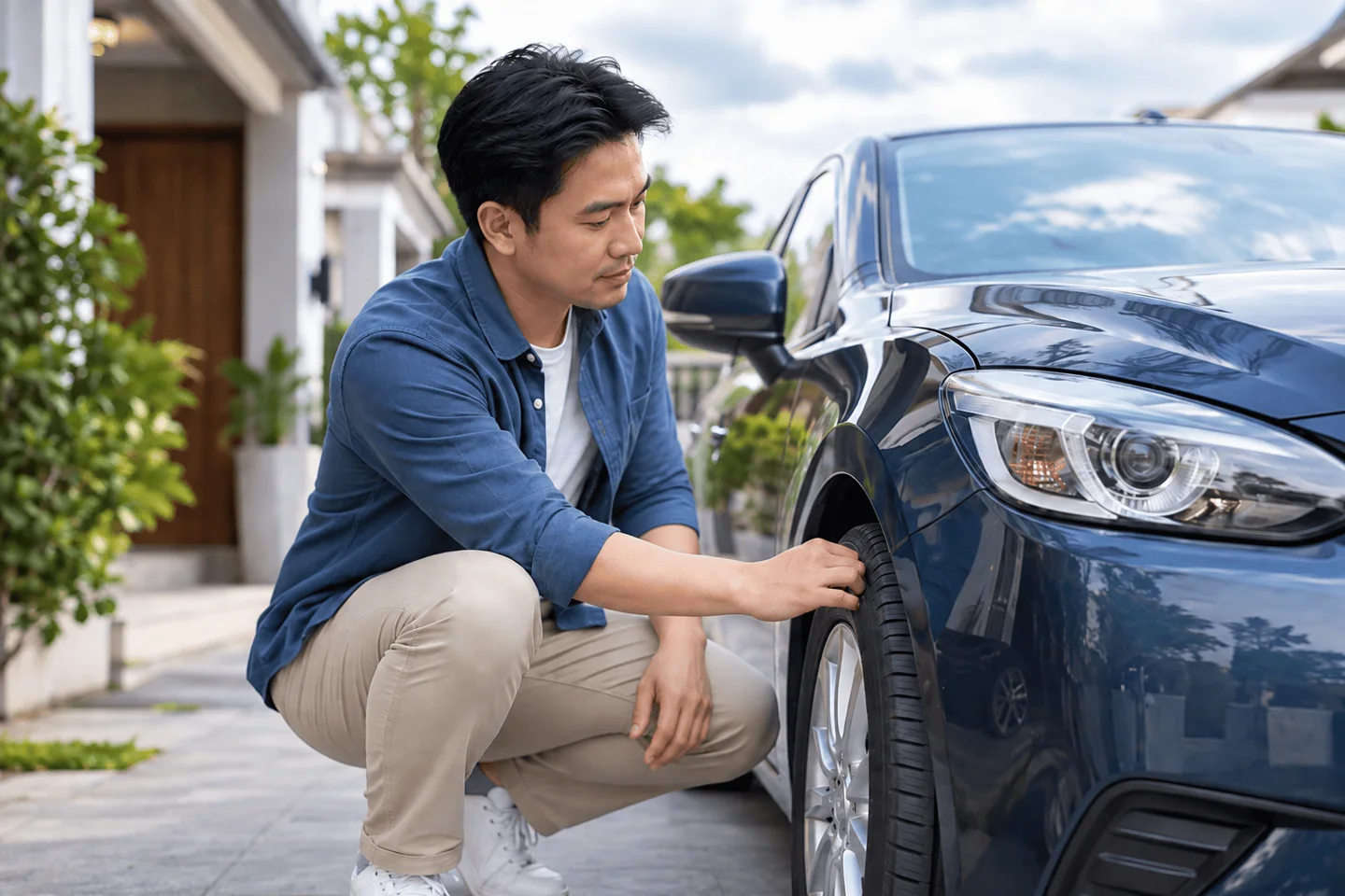 Người đàn ông kiểm tra lốp ô tô trước mùa mưa