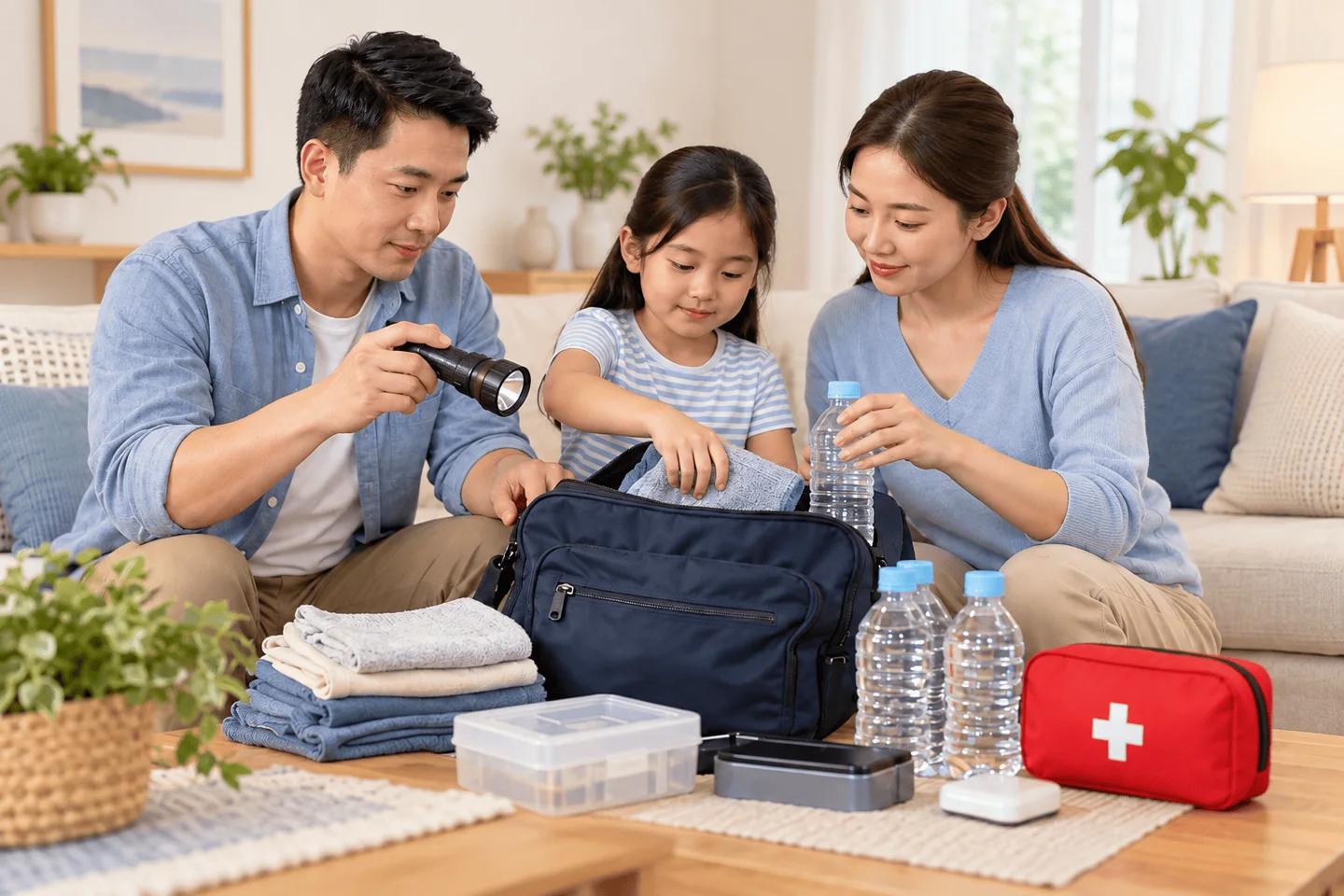 Gia đình cùng chuẩn bị túi đồ dự phòng và hộp sơ cứu