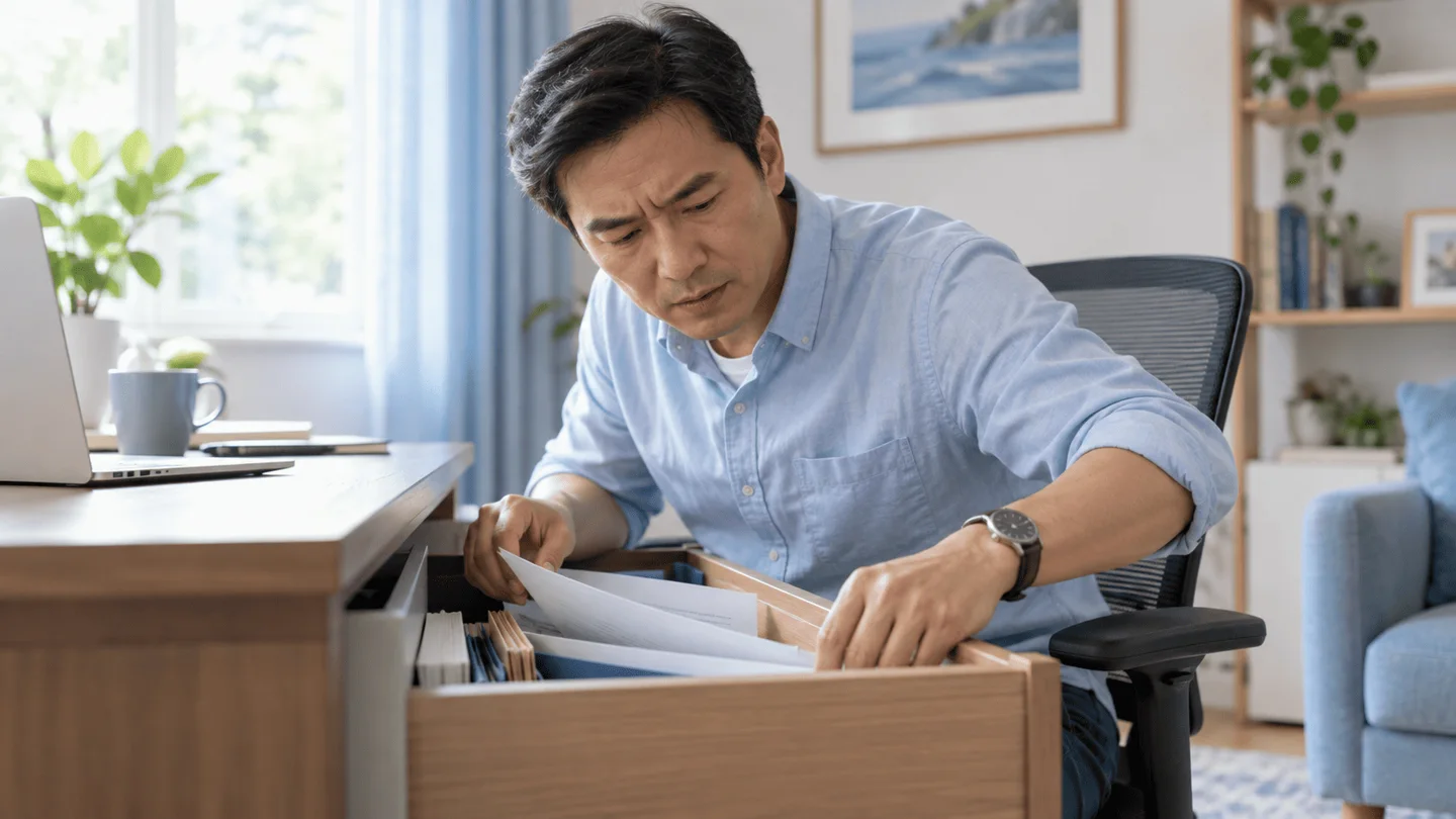 Người tìm kiếm giấy tờ trong ngăn kéo bàn làm việc với vẻ mặt sốt ruột nhẹ