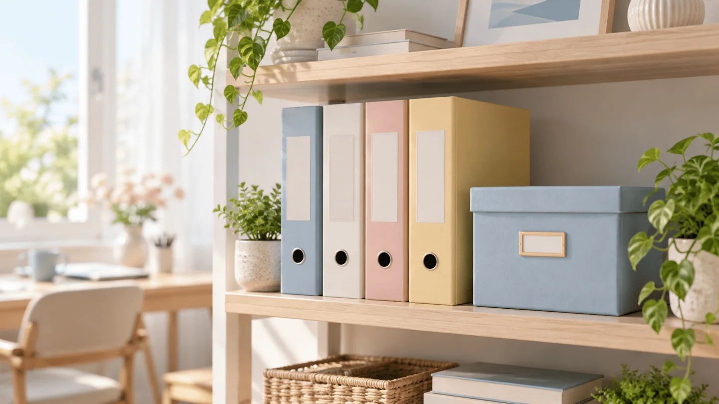 Folder hồ sơ bảo hiểm được sắp xếp gọn gàng trên kệ tại nhà