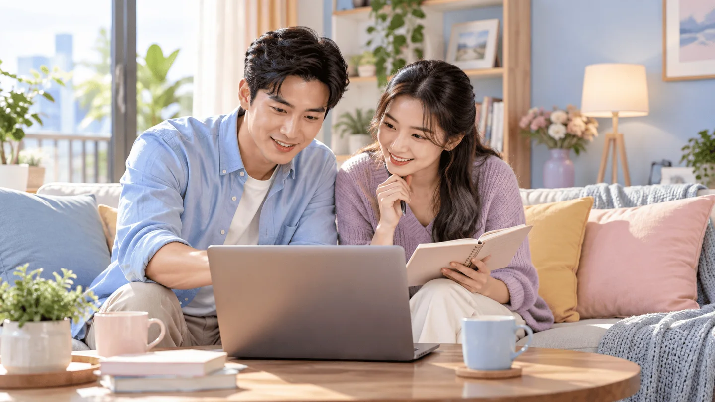 Hai vợ chồng trẻ cùng xem bảng so sánh bảo hiểm trên laptop