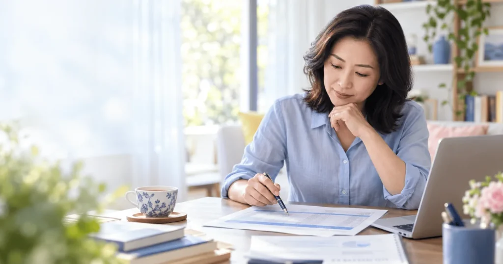 Người phụ nữ đọc bảng thông tin trong tài liệu