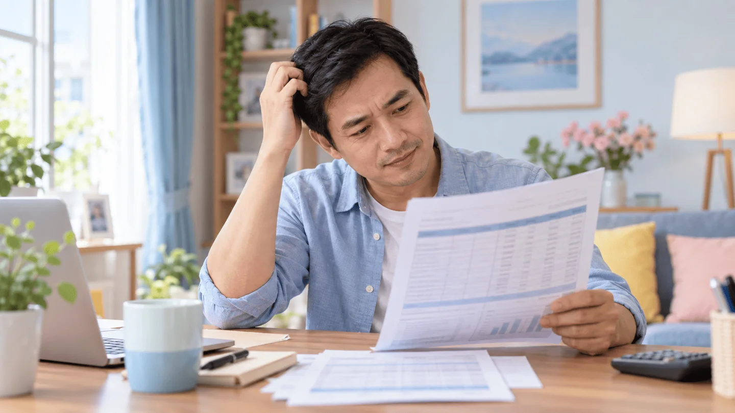 Người đọc tài liệu bảo hiểm với vẻ mặt băn khoăn trước nhiều cột số liệu