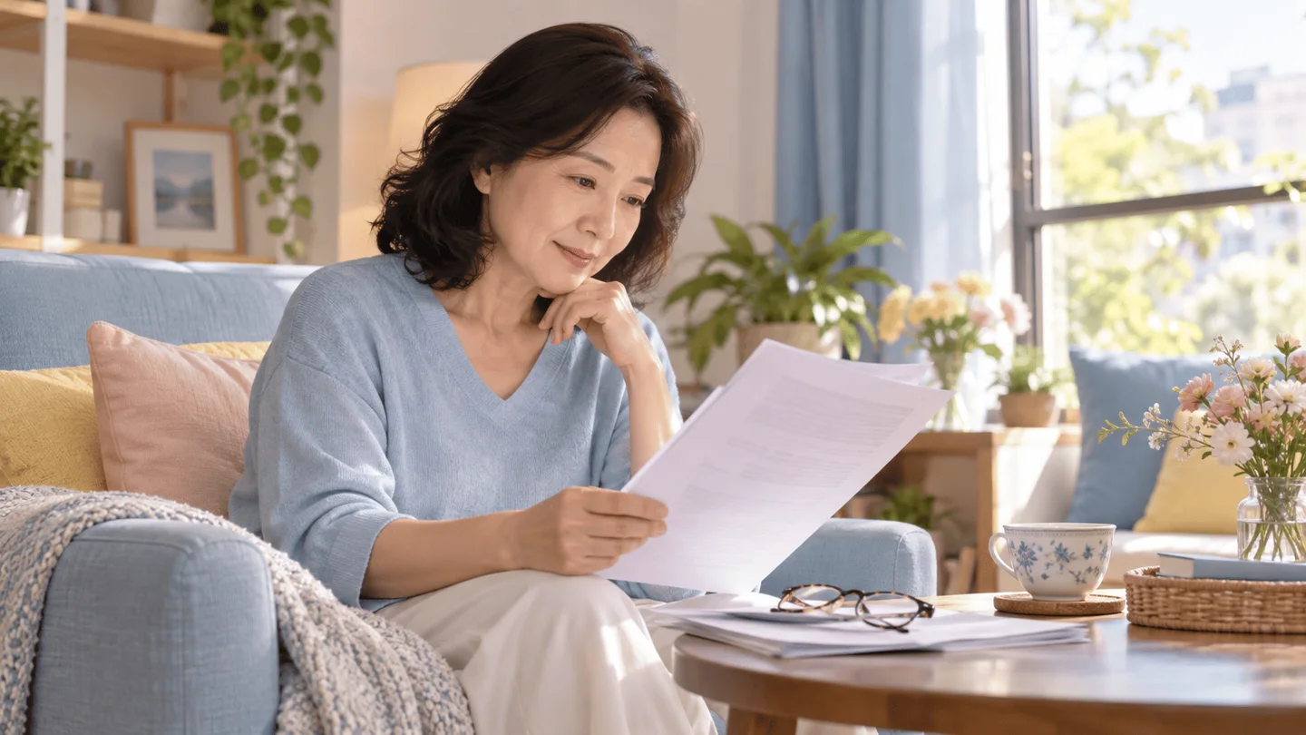 Người phụ nữ trung niên đọc kỹ tài liệu quy tắc bảo hiểm tại nhà, có kính đọc sách bên cạnh
