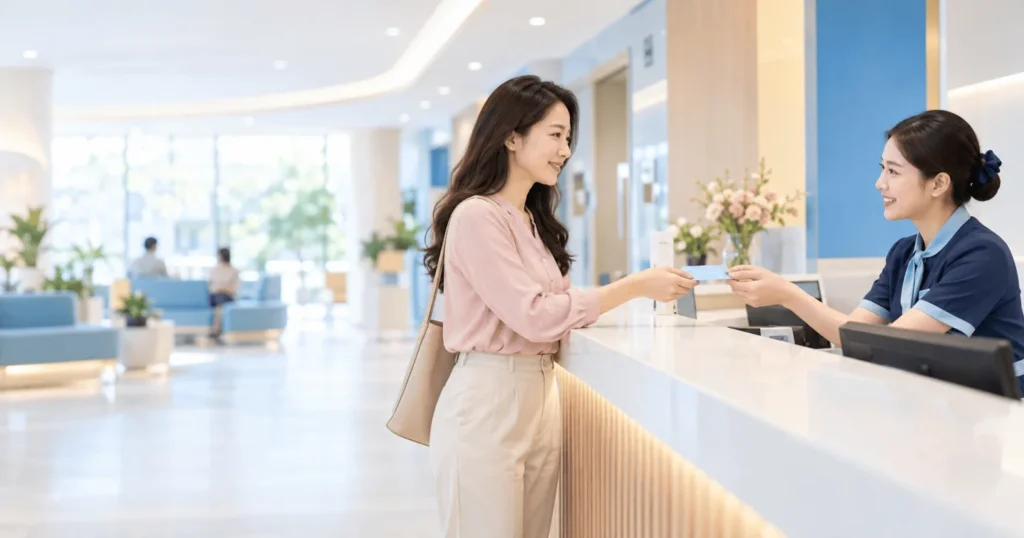 Khách hàng trao đổi tại quầy tiếp nhận bệnh viện