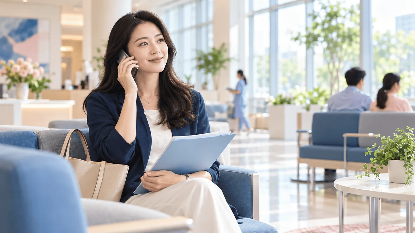 Người phụ nữ bình tĩnh gọi điện thoại trao đổi trong khi ngồi tại khu vực chờ của bệnh viện