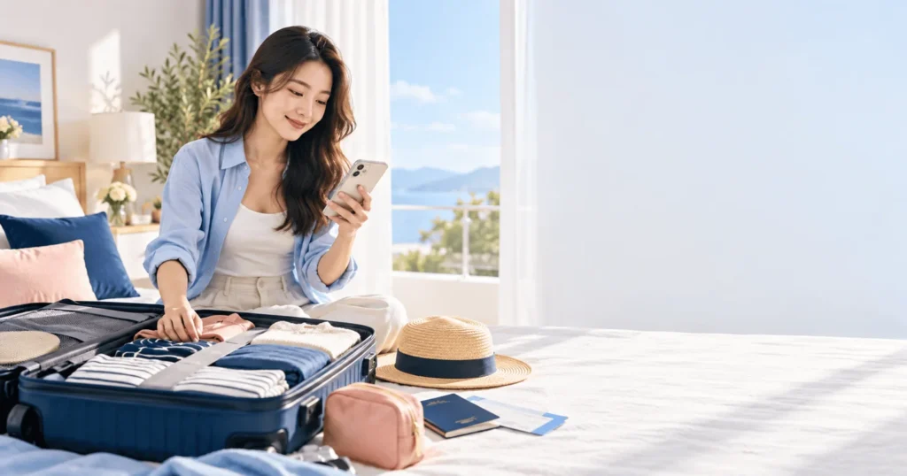 Người phụ nữ chuẩn bị hành lý và kiểm tra điện thoại