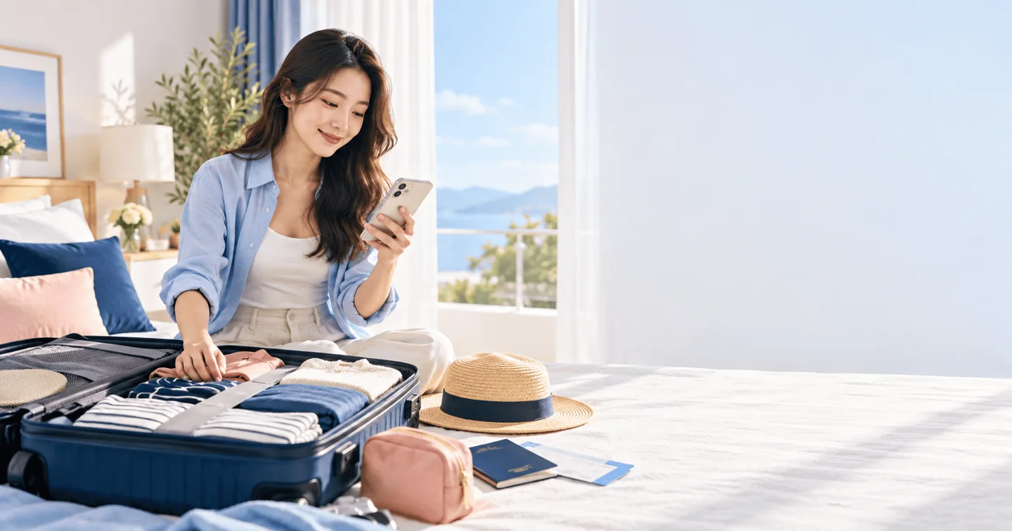 Người phụ nữ chuẩn bị hành lý và kiểm tra điện thoại