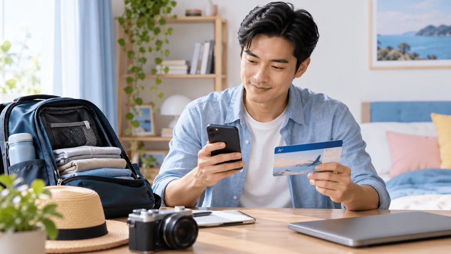 Người đi làm kiểm tra lịch và vé máy bay trên điện thoại trước ngày khởi hành